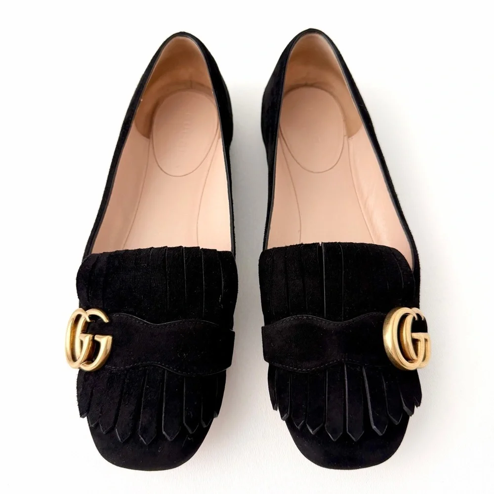 GUCCI‎ | Marmont GG Fringe Suede Ballet Flats Black Gold Logo Size 37